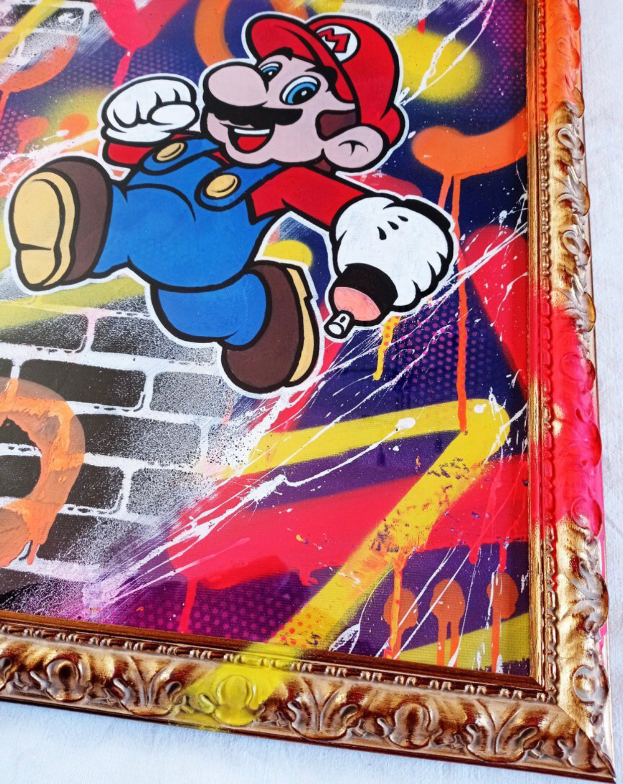 DOPEDOUT M DOPEDOUT Mario, 2020. Acrylic, Mixed-Media Paint on Hand Pulled Canvas. Barrocco Frame.