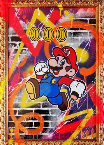 DOPEDOUT M DOPEDOUT Mario, 2020. Acrylic, Mixed-Media Paint on Hand Pulled Canvas. Barrocco Frame.